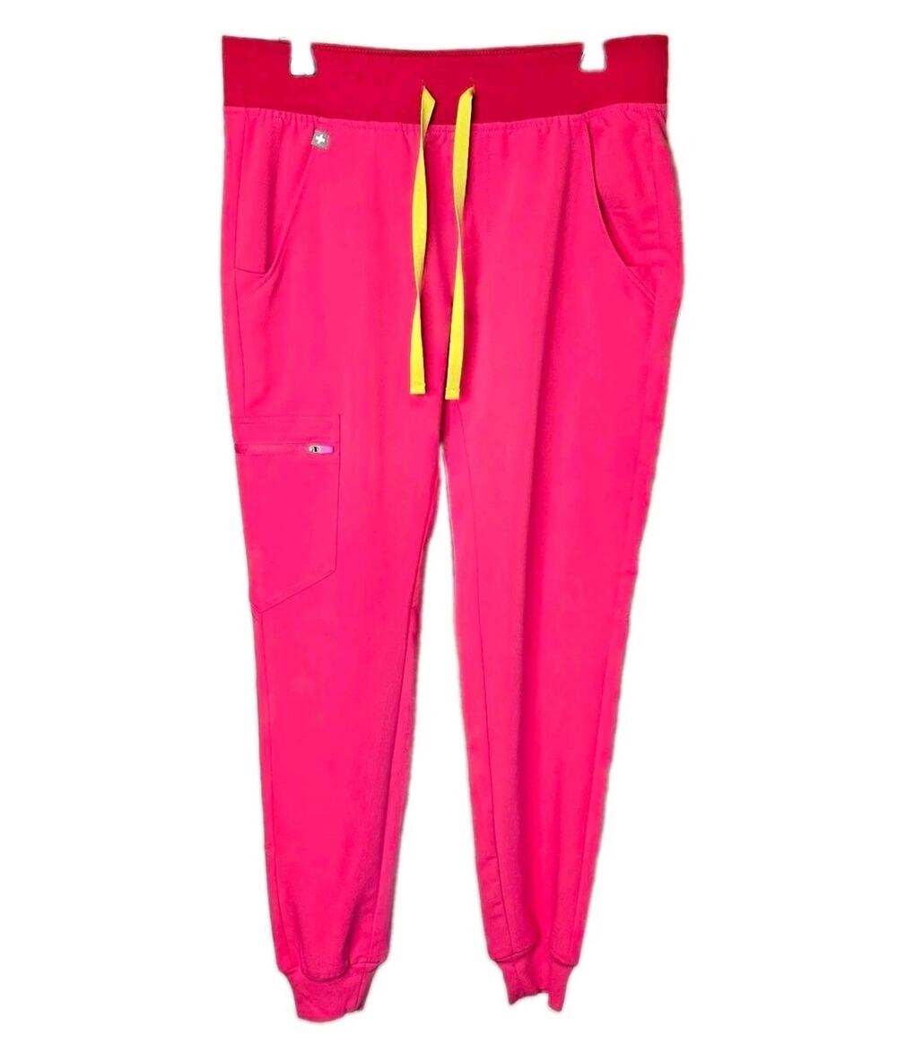 FIGS Zamora XS Hot Pink Neon Medical Scrub Joggers Yellow Drawstring Womenโs XS